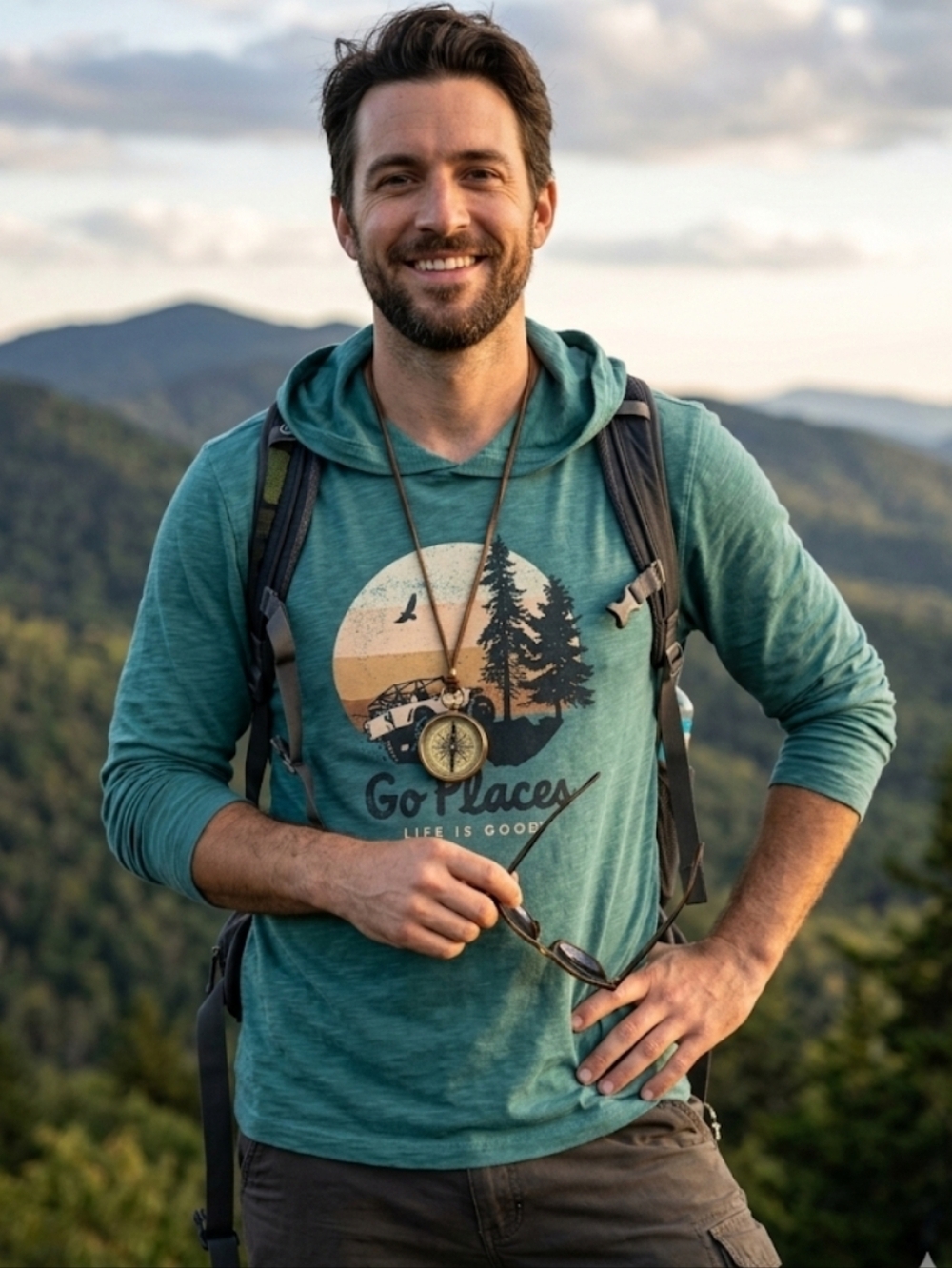 Life Is Good Go Places Jeep 4x4 Off Road Mountains Green Hooded L/S Shirt Men M